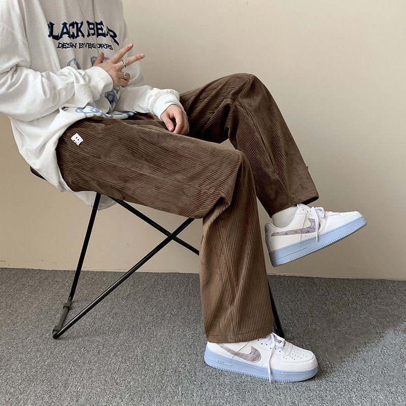 Retro Brown High Street ins Street Wear Corduroy Wide Leg Casual Trousers Men