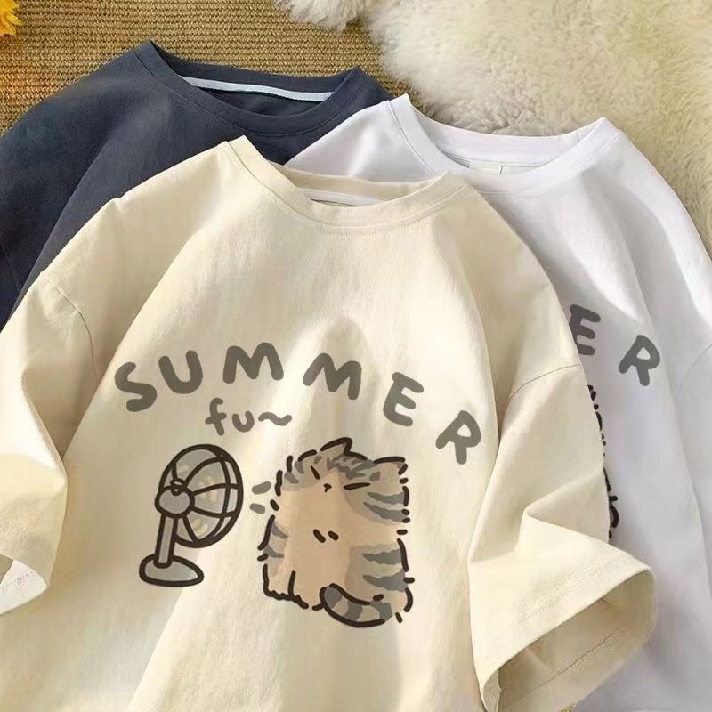 Summer men women unisex T-shirt cat pattern American street style short sleeved pure cotton