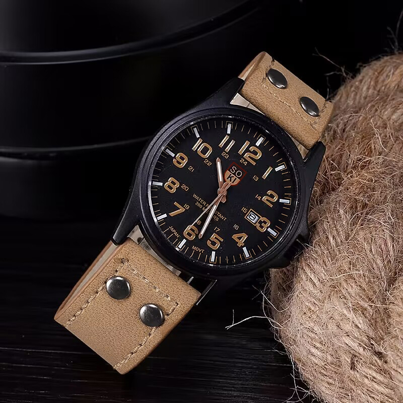 Mens Military Calendar Leather Analog Quartz Watches